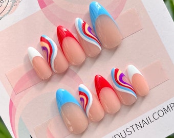 Retro Swirls French Tip  Press On Nails  | fake nails | false nails | glue on nails | stick on nails