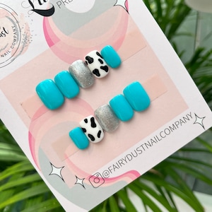 Teal and Glitter Cow Print Press On Nails | Glue on Nails | Stick On Nails | Fake Nails | False Nails | Halloween Nails