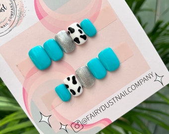 Teal and Glitter Cow Print Press On Nails | Glue on Nails | Stick On Nails | Fake Nails | False Nails | Halloween Nails