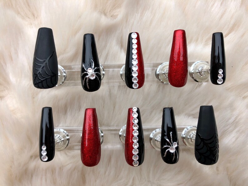 Gothic Spider Press on Nails in Red and Black With Crystals - Etsy