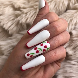 White Cherry Press On Nails False Nails fake nails glue on Nails stick on nails image 9