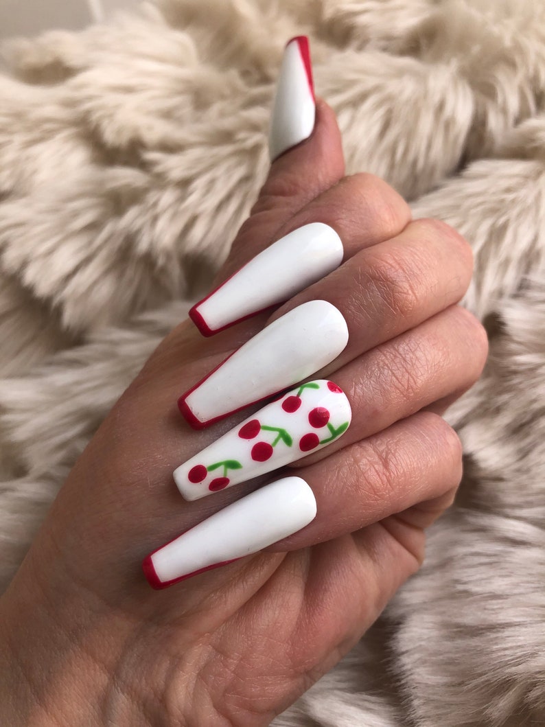 White Cherry Press On Nails False Nails fake nails glue on Nails stick on nails image 9