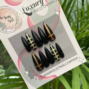 Black Gothic Leviathan And Inverted Cross Press On Nails | gothic nails | fake nails | false nails | glue on nails