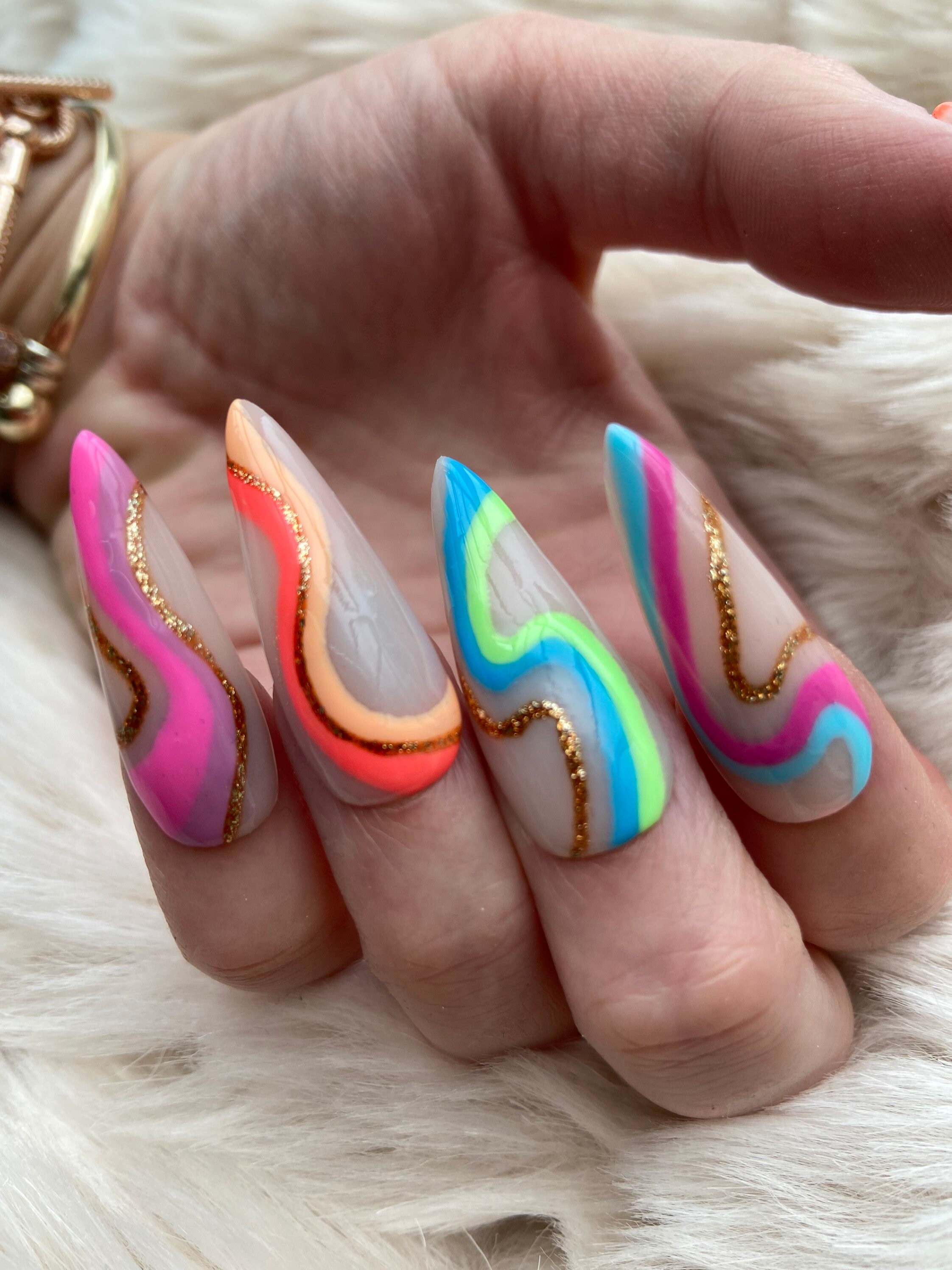 Brights and Gold Wavy Line Press on Nails Fake Nails False Etsy