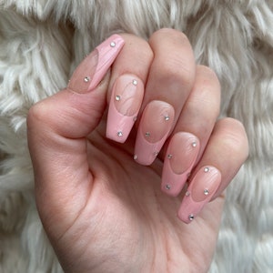 Pink French Tip Crystal Press On Nails glue on nails stick on nails fake nails false nails image 9