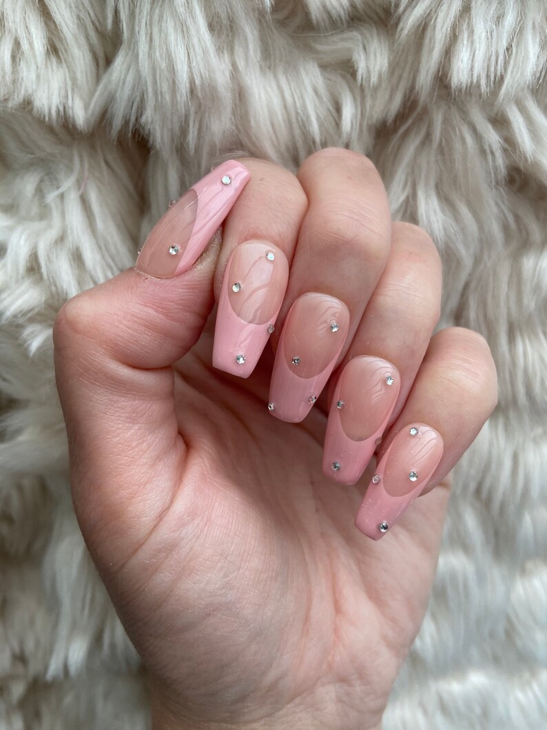 Pink French Tip Crystal Press On Nails glue on nails stick on nails fake nails false nails image 9