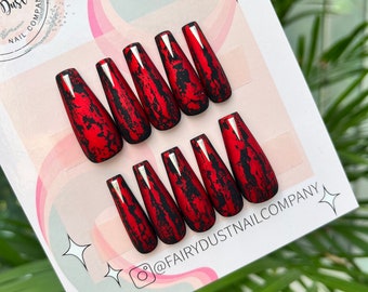 Matte Black and Red Press On Nails | fake nails | stick on nails | false nails | glue on nails | Halloween nails