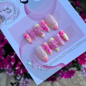 Pink and yellow 3d flower French Tip Press On Nails | glue on nails | stick on nails | fake nails | false nails