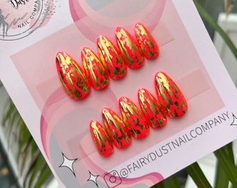 Bright Orange and Gold Summer Press On Nails | glue on nails | false nails | fake nails | stick on nails | press ons