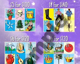 May include: A colorful game board with 36 squares, each featuring a different image. The board is divided into four sections, each with a different price and total amount. The images include a skull, a drum, a star, a tree, a boat, a boot, a guitar, a scorpion, a flamingo, a melon, a woman, a rooster, a deer, a red sun, a heart, a guitar, a pear, a crown, a palm tree, a bowl, a parrot, a watermelon, a man, a man walking, a tree, a barrel, a soda bottle, a spider, a mermaid, a ladder, a man in a suit, and a man holding a globe.