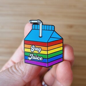 Gay Juice Enamel Pin Bonus Sticker - Rainbow Queer Badges, Gay Lapels | Gifts for LGBT, Gifts for Coming Out, For Gay Friends