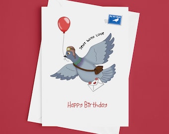 Pigeon Mail Birthday Card | Homing Pigeon Delivering Mail. Happy Birthday Card For her, For Him, For bird lovers