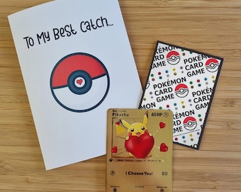 Pikachu Valentines Gold Pokemon Metal Card -  I Choose You, Gift for Him or Her, Romantic Anniversary, Boyfriend, Girlfriend, Keepsake