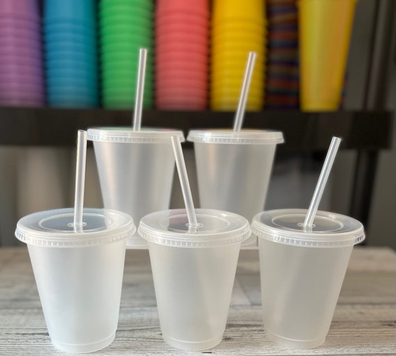 16 oz Disposable Clear Plastic to go Cups with Lids and Straws For