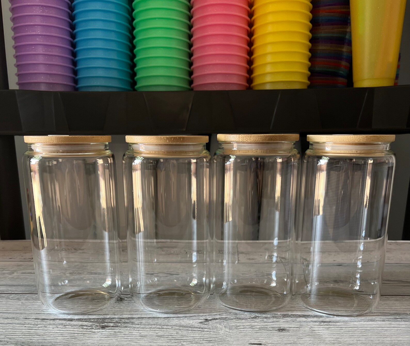 Glass Can Cup Bundle of 4 Cups With Bamboo Lids and Clear Etsy