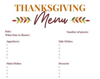 INSTANT DOWNLOAD Thanksgiving Menu and Shopping List | Etsy