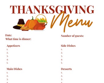 INSTANT DOWNLOAD Thanksgiving Menu and Shopping List, Thanksgiving Meal Plan, Shopping List, Simple Thanksgiving Day Plan, Thanksgiving