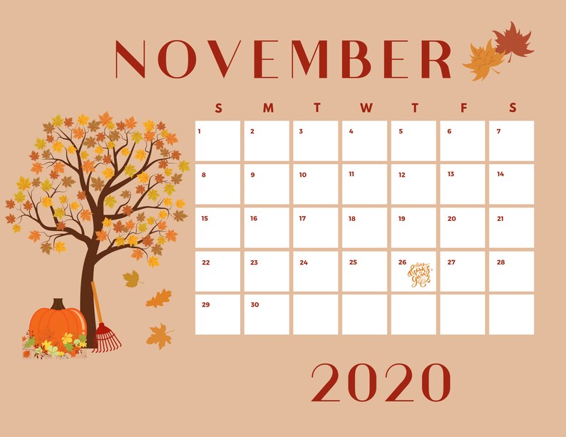 INSTANT DOWNLOAD November Calendar Fall Calendar Printable | Etsy