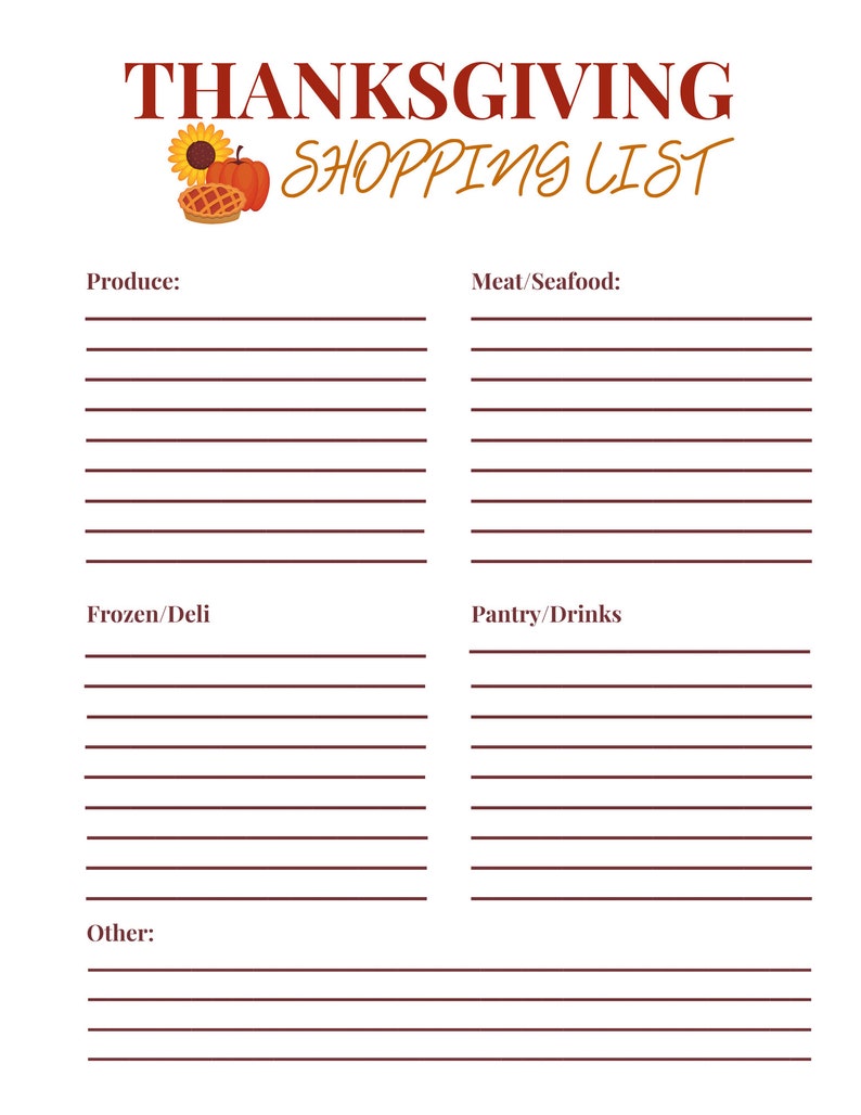 INSTANT DOWNLOAD Thanksgiving Menu and Shopping List, Thanksgiving Meal ...