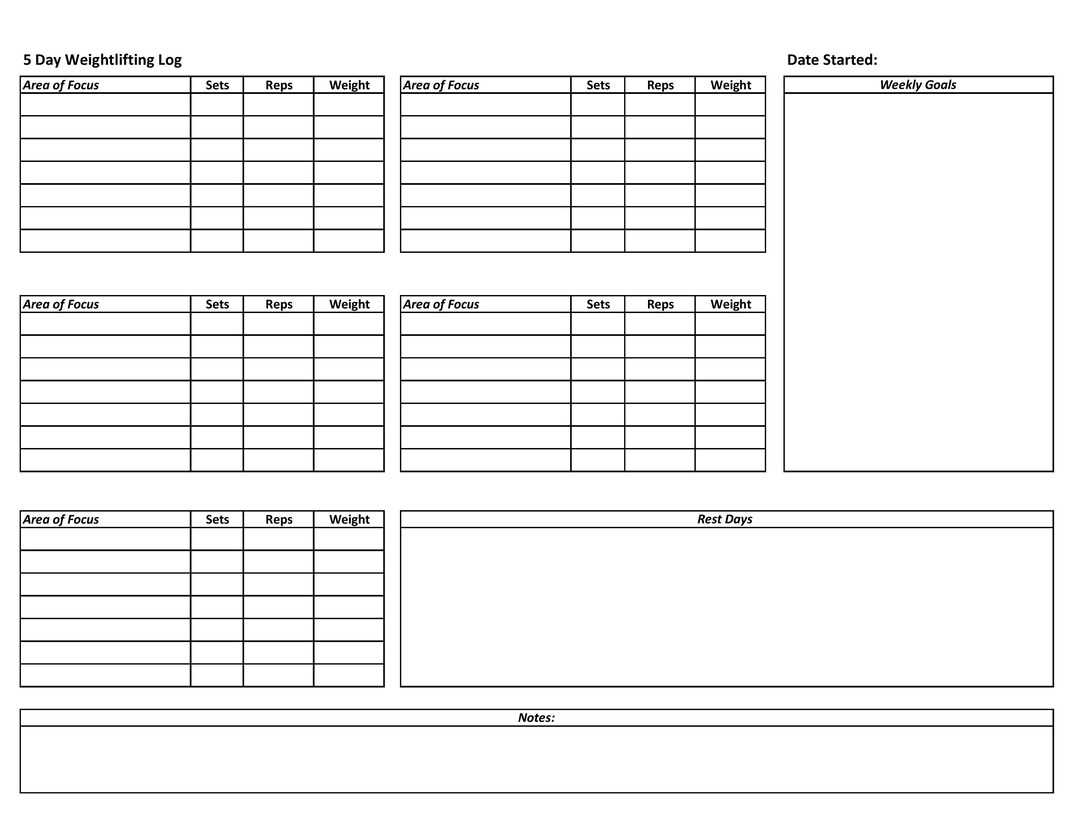 Instant Download 5 DAY Weight Training Tracker, Weightlifting Log ...