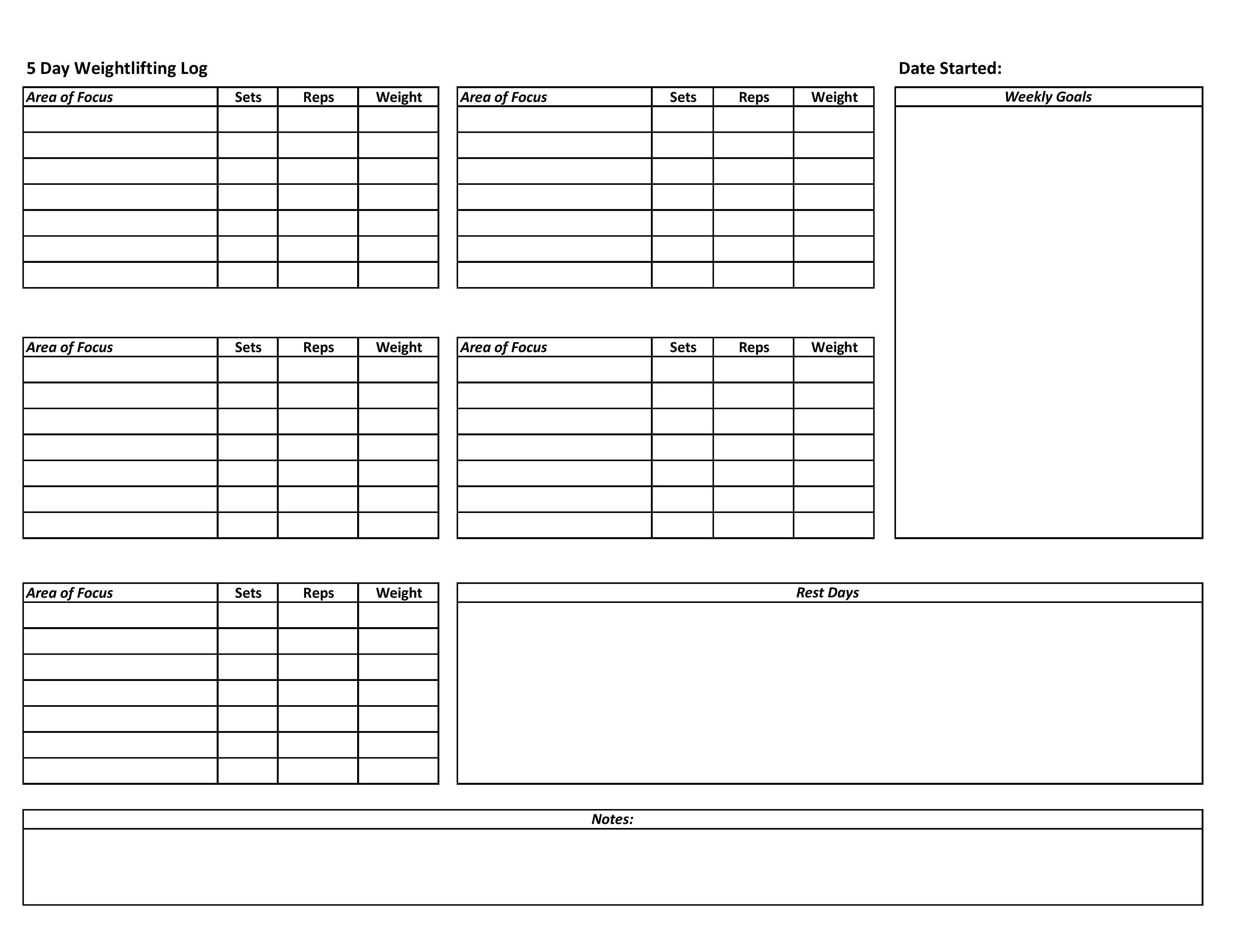 Instant Download 5 DAY Weight Training Tracker, Weightlifting Log