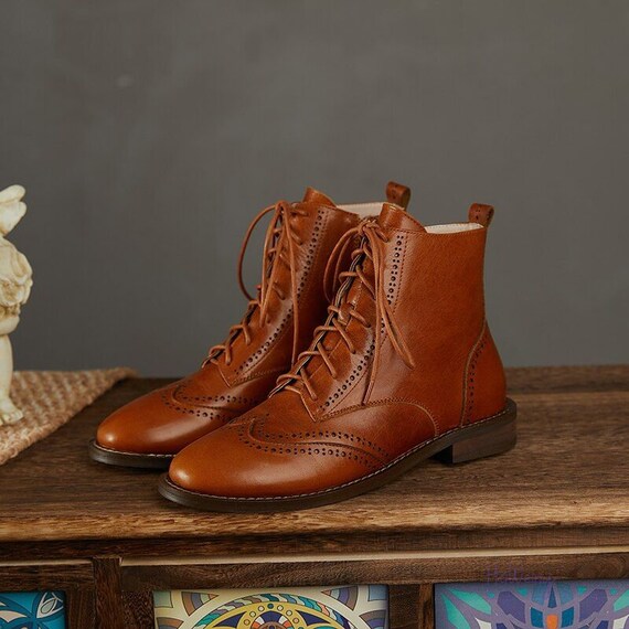 Echte lederen dames laarzen brogue gesneden enkellaarzen - Etsy Nederland