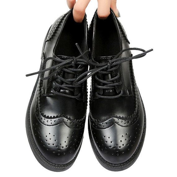 Women Oxford Flats, Shapes Brogue Shoes, Leather Full Black Office Shoes, Female Ballet Derby Shoes