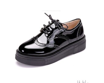 Round Toe Women's British Style Brogue Shoes, Glossy Patent Leather Wedge Pumps, Med Heel Court Shoes