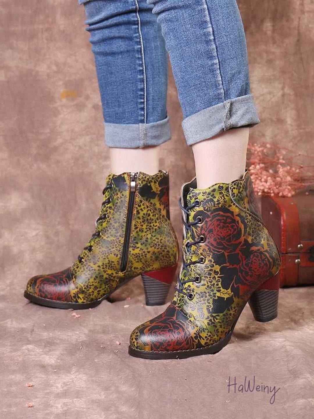 Women Vintage Style Flowers Printed Boots, Comfy Handmade Genuine Leather Shoes, Warm Lined Zipper Shoes, Chunky Heel Short Boots