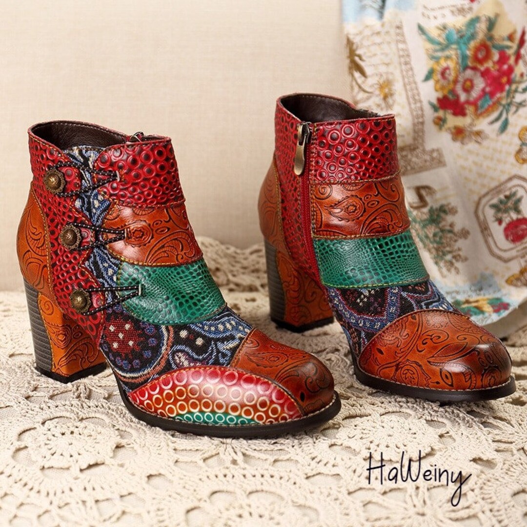 Women Genuine Leather Retro Shoes Vintage Printed Ankle Etsy