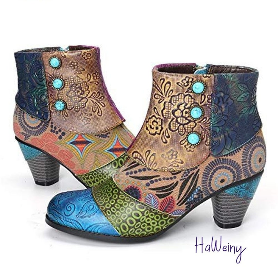 Fashion Vintage Splicing Printed Ankle Boots Women Shoes Etsy UK