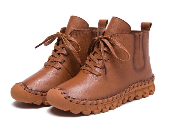 Echt lederen schoenen vrouwen laarzen herfst winter mode - Etsy België