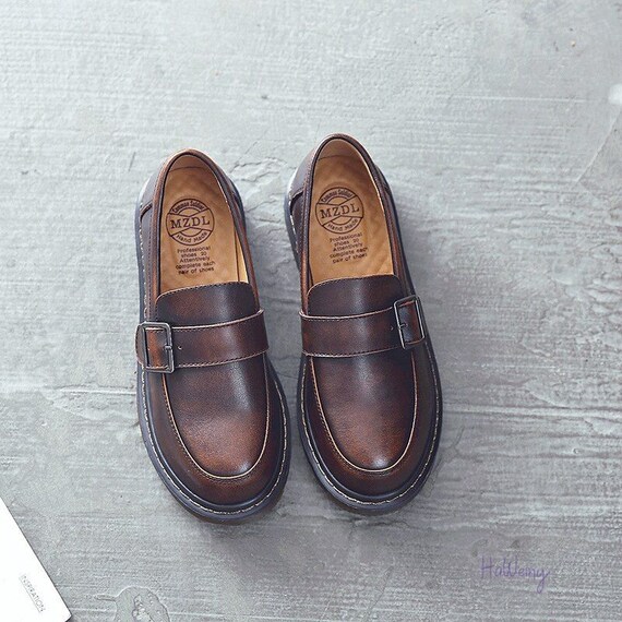 College Girl Japanese Student Shoes, Split Leather Platform Shoes, Comfortable Sole Ladies Loafer Shoes