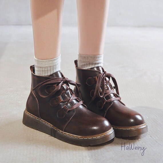 Women's Retro British Martin Boots, Plus Velvet Winter Japanese Style Student Shoes, Girls Casual Ankle Leather Shoes