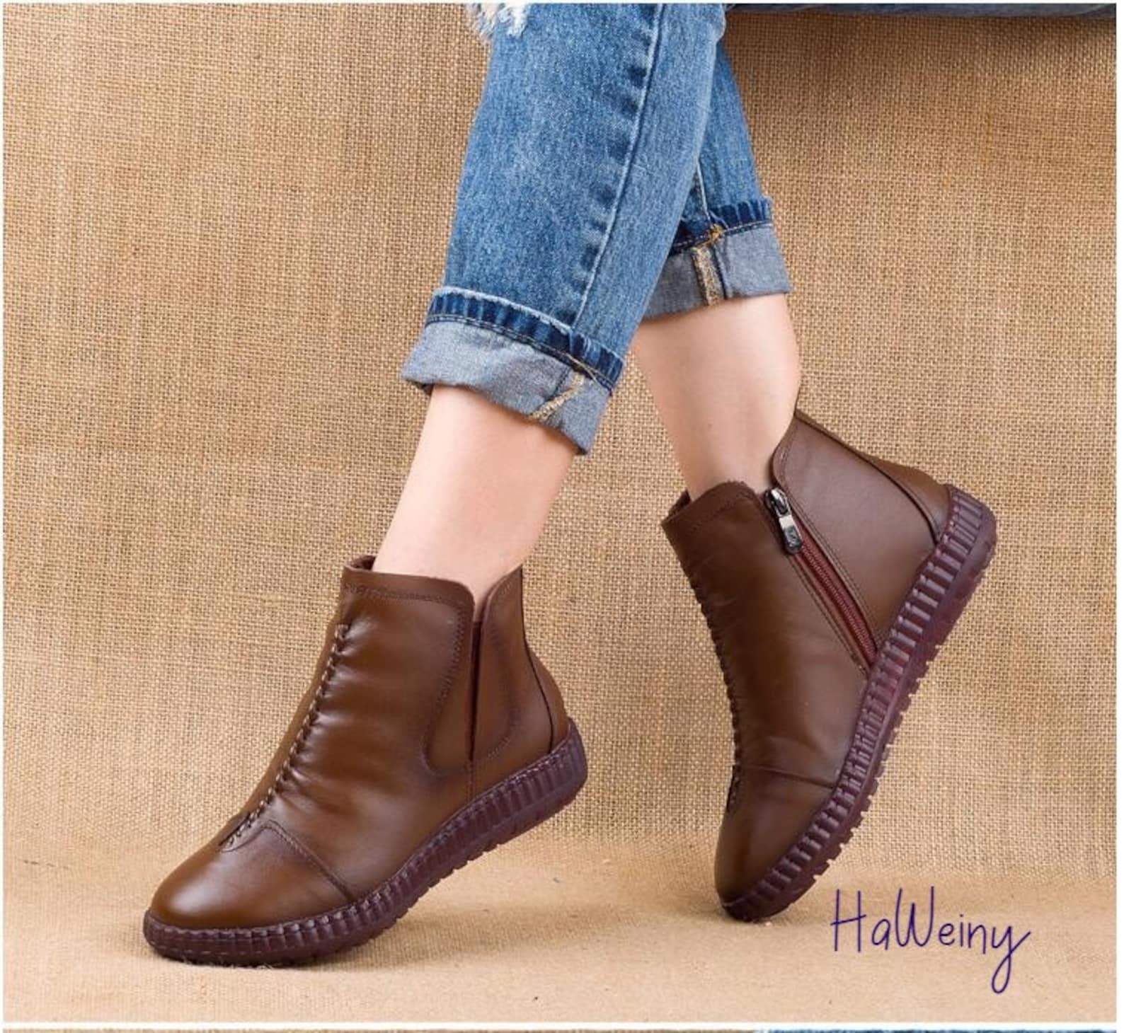 Genuine Leather Ankle Boots Handmade Lady Soft Flat Shoes Etsy