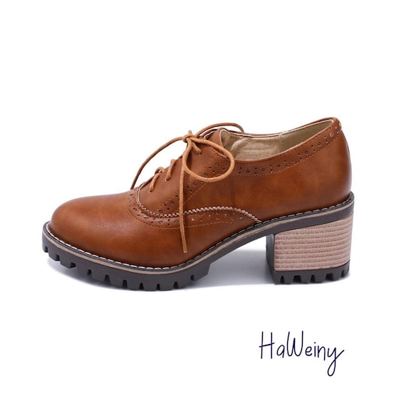 Vintage Chunky Heels British Style Fashion Women Shoes, Oxford Shoes, Woman Classic Shoelace Female Pumps