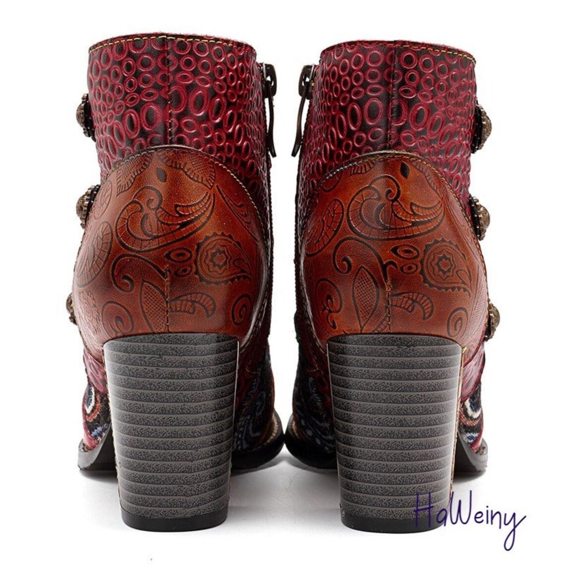 Women Genuine Leather Retro Shoes Vintage Printed Ankle Etsy