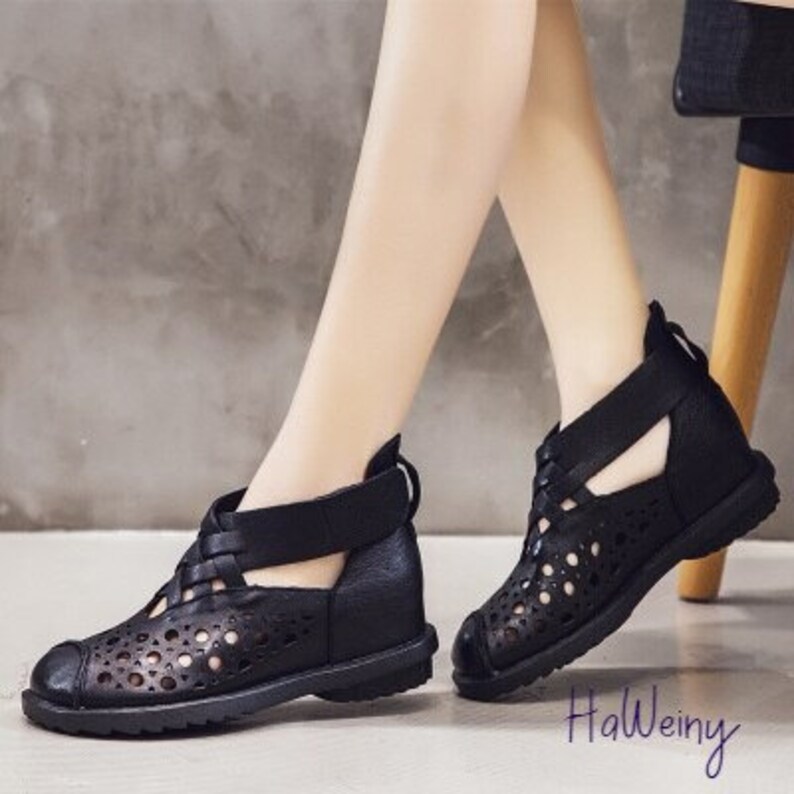 Women Boots Casual Ankle Boots Genuine Leather Cutouts Etsy