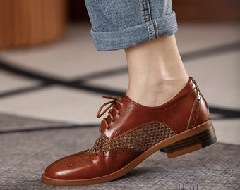 Women Classic Flat Oxford Brogue Shoes Bandage Pointed Toe Loafer Casual Bandage 