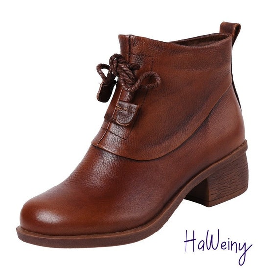 Genuine Leather Ankle Boots, Retro Women Shoes, Round Toe Square Heel Zip Cross-Tied Women Boots