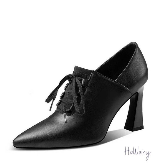 Hoge Hakken Hoef Pumps Vrouwen Veter Pumps Lederen Schoenen - Etsy België
