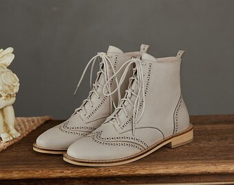 Echte lederen dames laarzen brogue gesneden enkellaarzen - Etsy België
