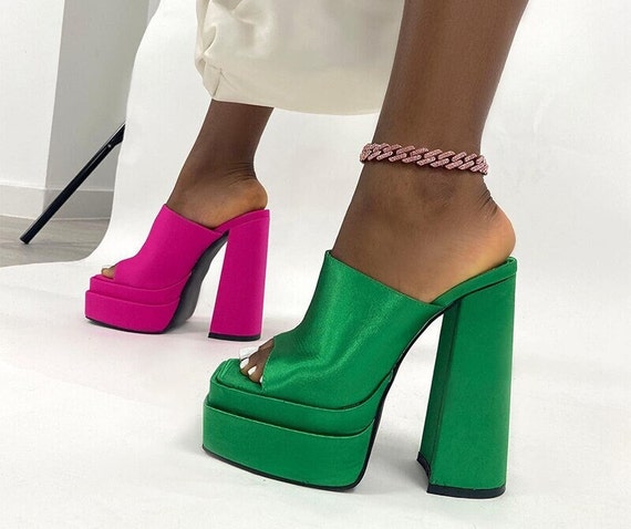 Super High Heel Pumps Double Platform Square Toe Sandals PU - Etsy