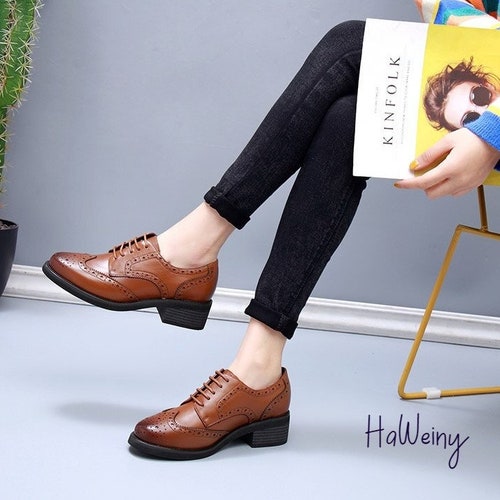 Genuine Leather Oxford Shoes Women Lace 