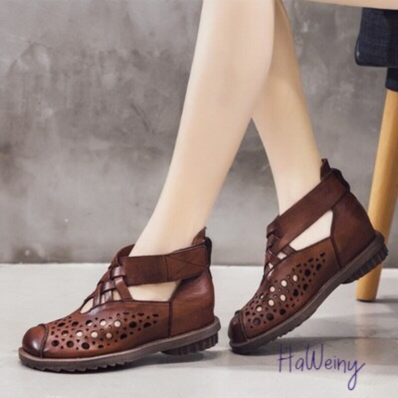 Women Boots Casual Ankle Boots Genuine Leather Cutouts Etsy