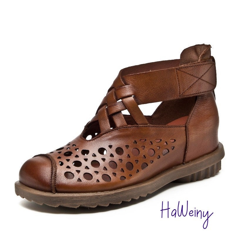 Women Boots Casual Ankle Boots Genuine Leather Cutouts Etsy