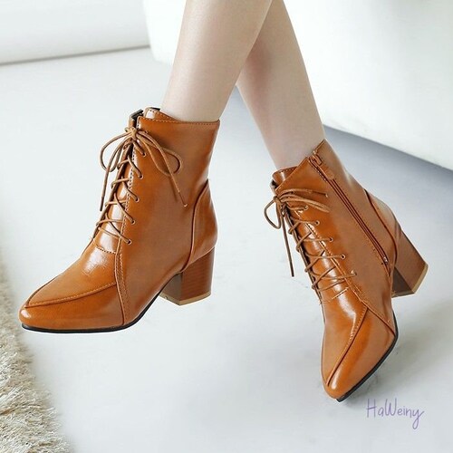 Winter Ankle Boots, PU Leather Women Boots, Women Work Shoes, Black Round Toe Lace-Up, Women Shoes, Female Boot