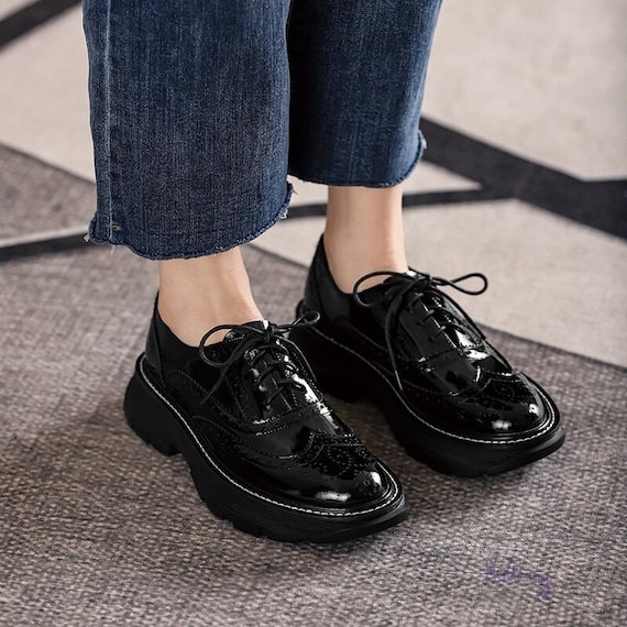 Oxfords Shoes for Women, Real Cow Leather Lace Up, Round Toe Black White Vintage Brogue Shoes, Platform Shoes