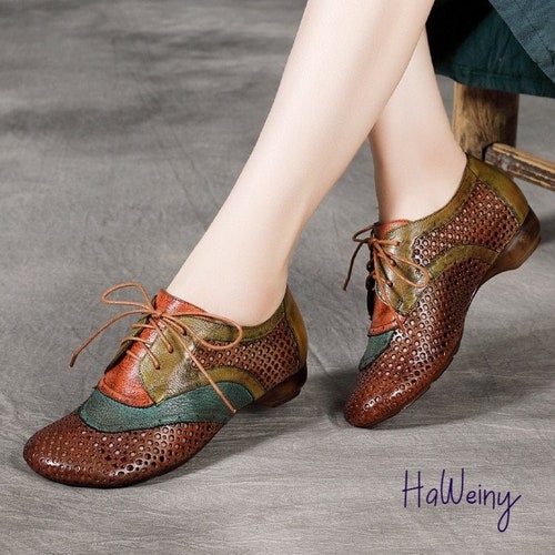 Flats Women Shoes, Mixed Colors Lace-Up Genuine Leather Shoes, Round Toe Shallow Retro Shoes, Hollow Casual Ladies Shoes