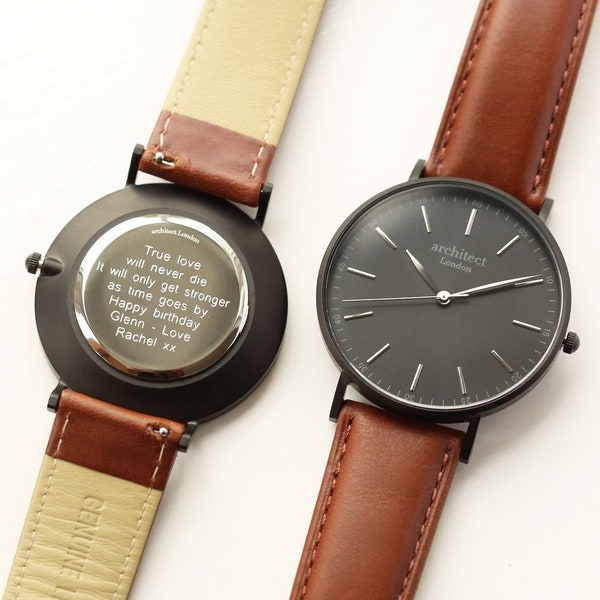 Engraved Men's Watch | Brown Leather Strap | Personalised Font or Handwriting Engraving | Wedding Gift | Anniversary Present | Groom